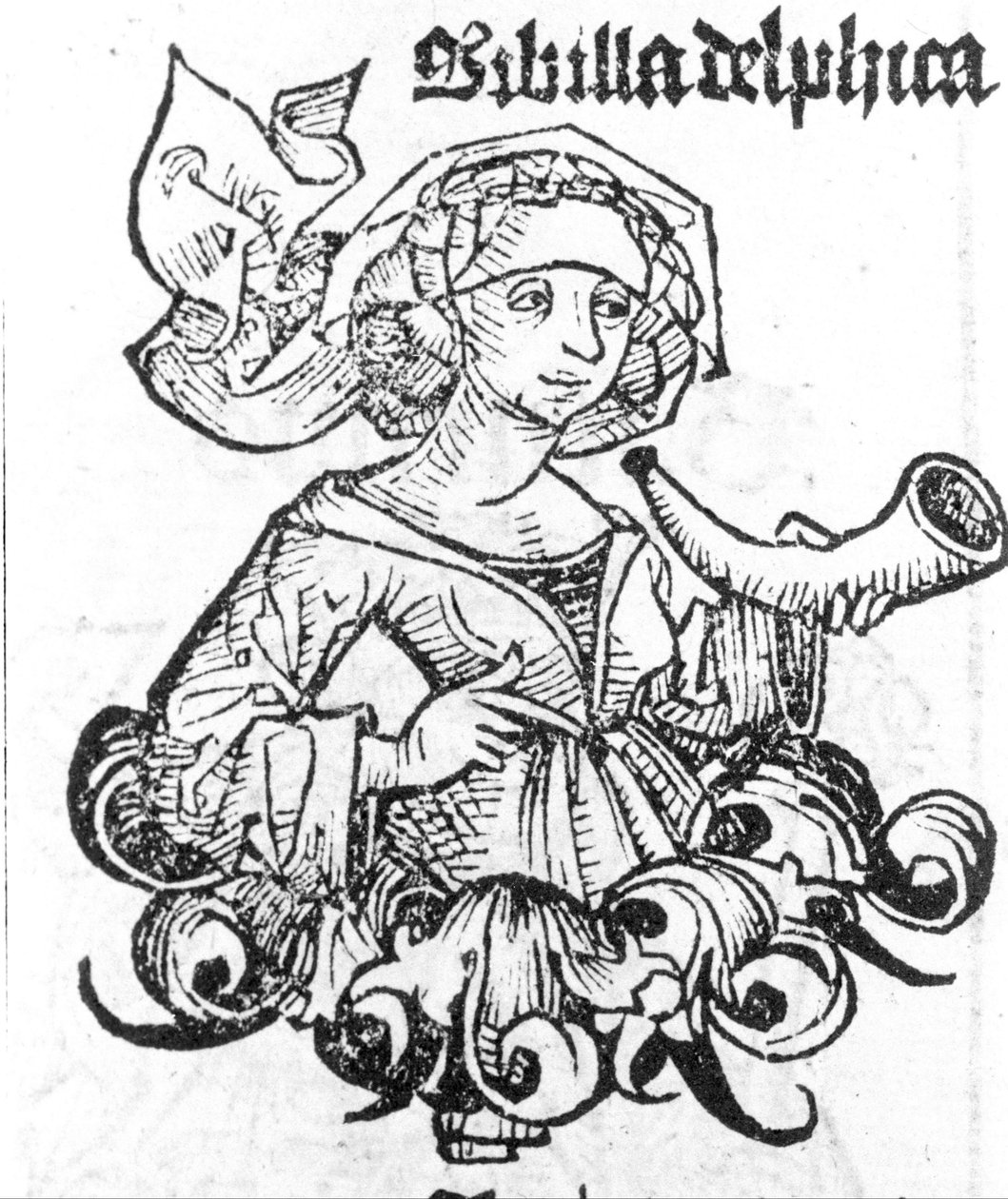 Delphi 的 Pythia 的表示。 1497 年纽伦堡 Hartmann Schedel 的“Liberchronarum”中的锡版画 作者 哈特曼·谢德尔（Hartmann Schedel）