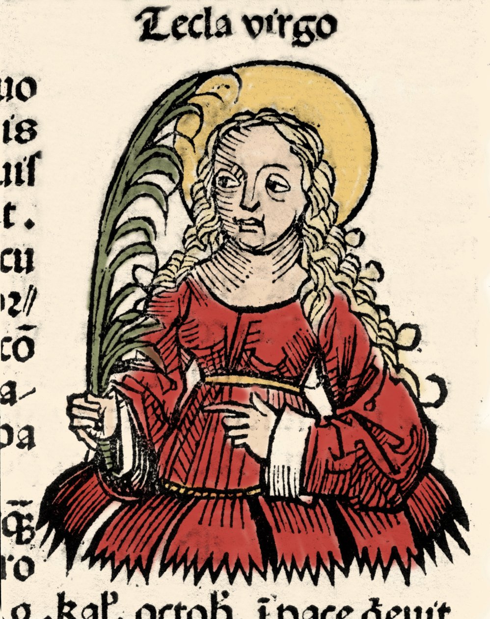Hartmann Schedel 的《纽伦堡编年史》中以哥尼翁 (Santa Tecla) Xylography 的处女和殉道代表 作者 哈特曼·谢德尔（Hartmann Schedel）