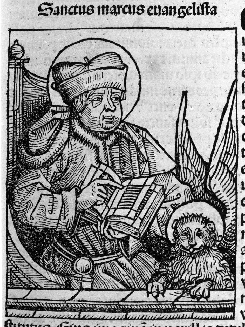 福音传教士圣马可的代表。 Hartmann Schedel 1493 年雕刻的“Liberchronarum”（纽伦堡编年史） 作者 哈特曼·谢德尔（Hartmann Schedel）