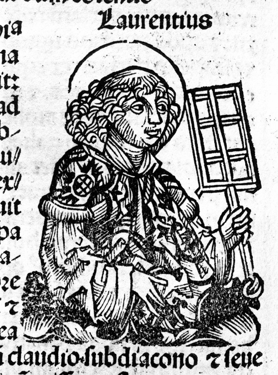 Saint Laurent holding in his hand the grill, an instrument of his martyrdom. Engraving from the “Liber Chronicarum by Hartmann Schedel” 作者 哈特曼·谢德尔（Hartmann Schedel）