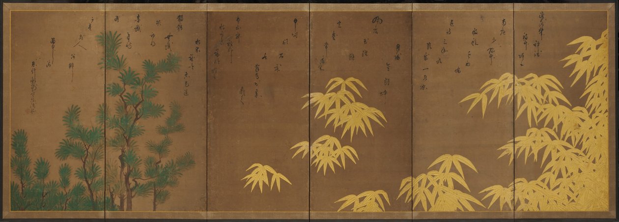 竹与紫杉，约 1605-10 年（六扇折叠屏风：纸本水墨、彩色和金色） 作者 长佐川＆索顿铁山（1531-1617）（作者）东伯