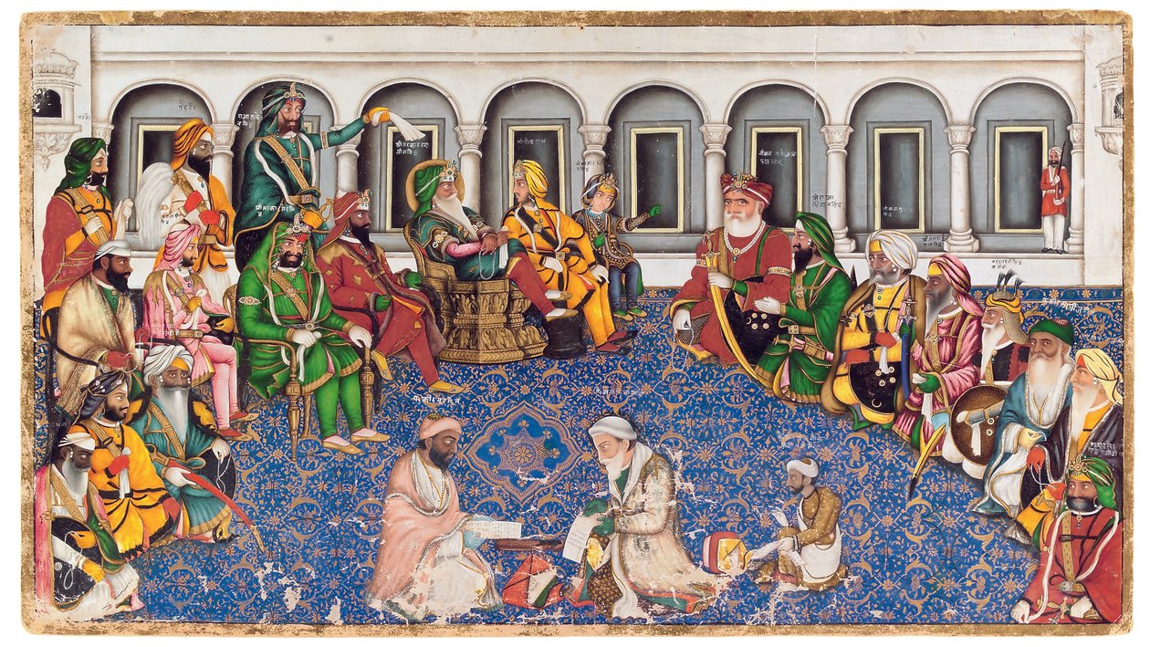 The Maharaja Ranjit Singh的Darbar，1850年（纸上不透明的黄金和黄金） 作者 哈桑·丁（Hasan al Din）