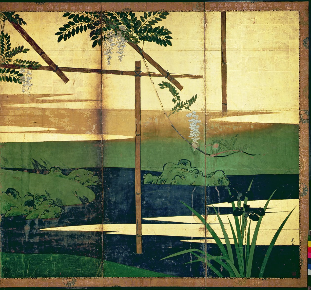 盛开的紫藤（笔和墨水，颜色，面板上的金纸）（见216563） 作者 长谷川苑