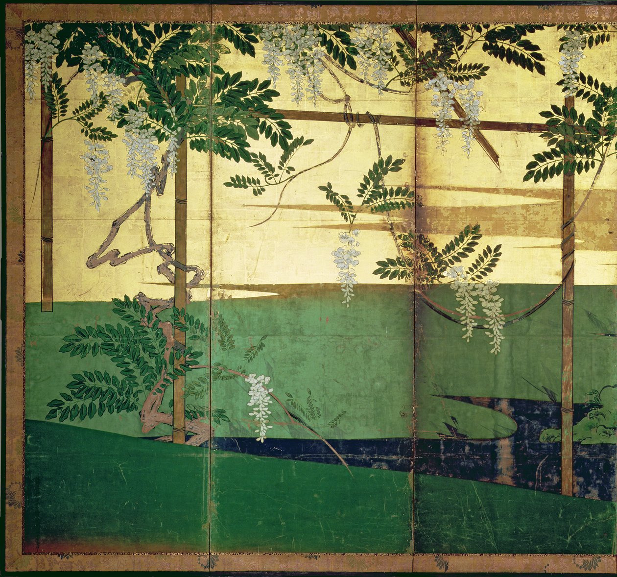 开花的紫藤（笔和墨水，颜色，面板上的金纸）（见216564） 作者 长谷川苑
