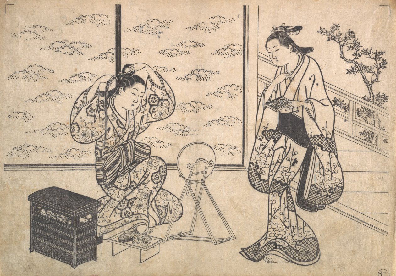 两个女人在一个开在阳台上的房间里，约1730年。 作者 长谷川光信