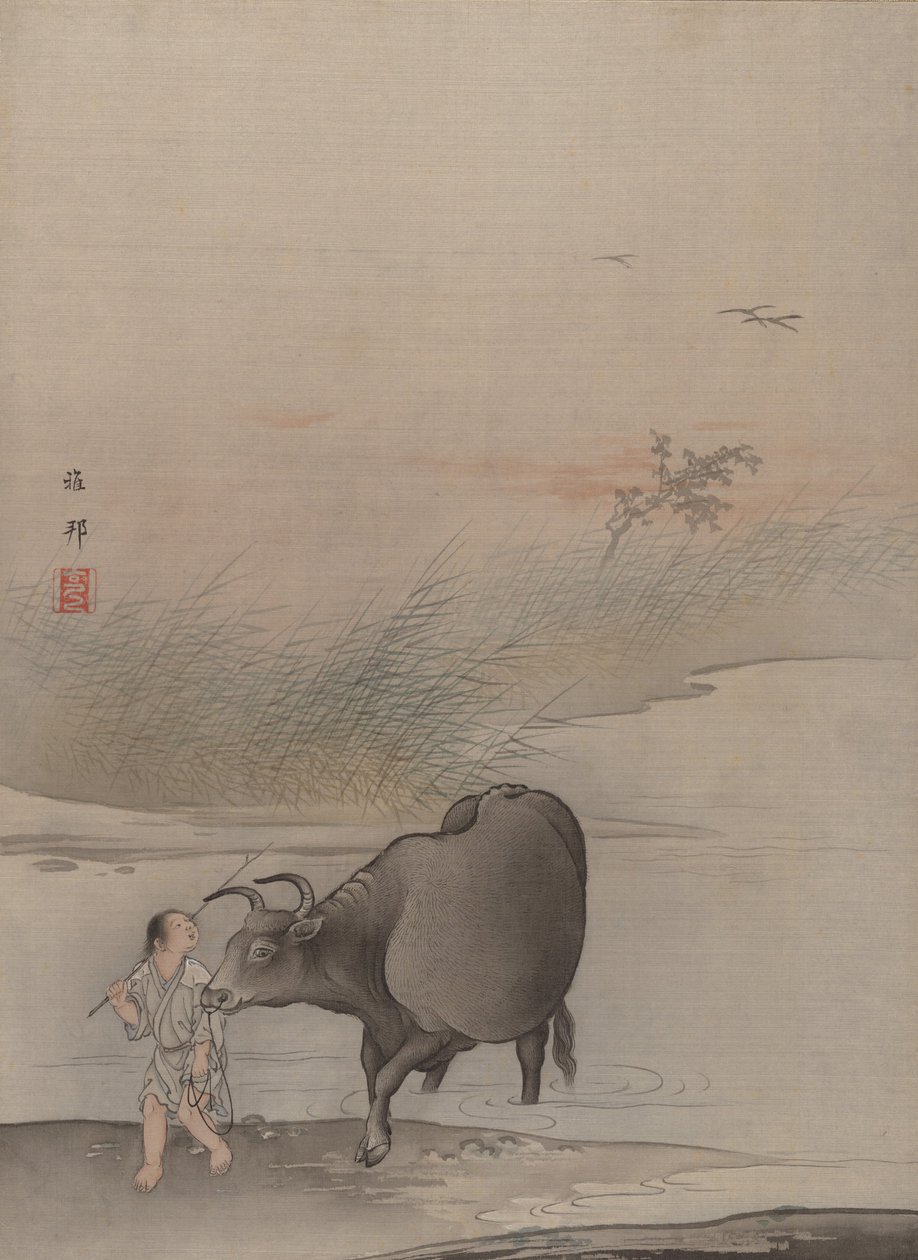 在河边的男孩和牛。 作者 桥本嘉穗