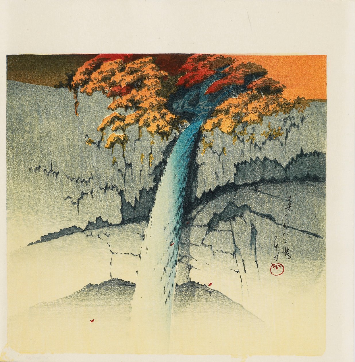 木版画--《日光的凯贡瀑布》，1988年 作者 川濑早水