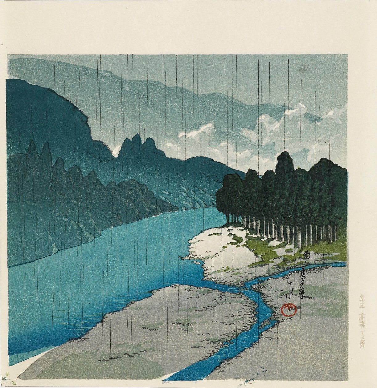 木版画--《大釜川的雨》，1988年 作者 川濑早水