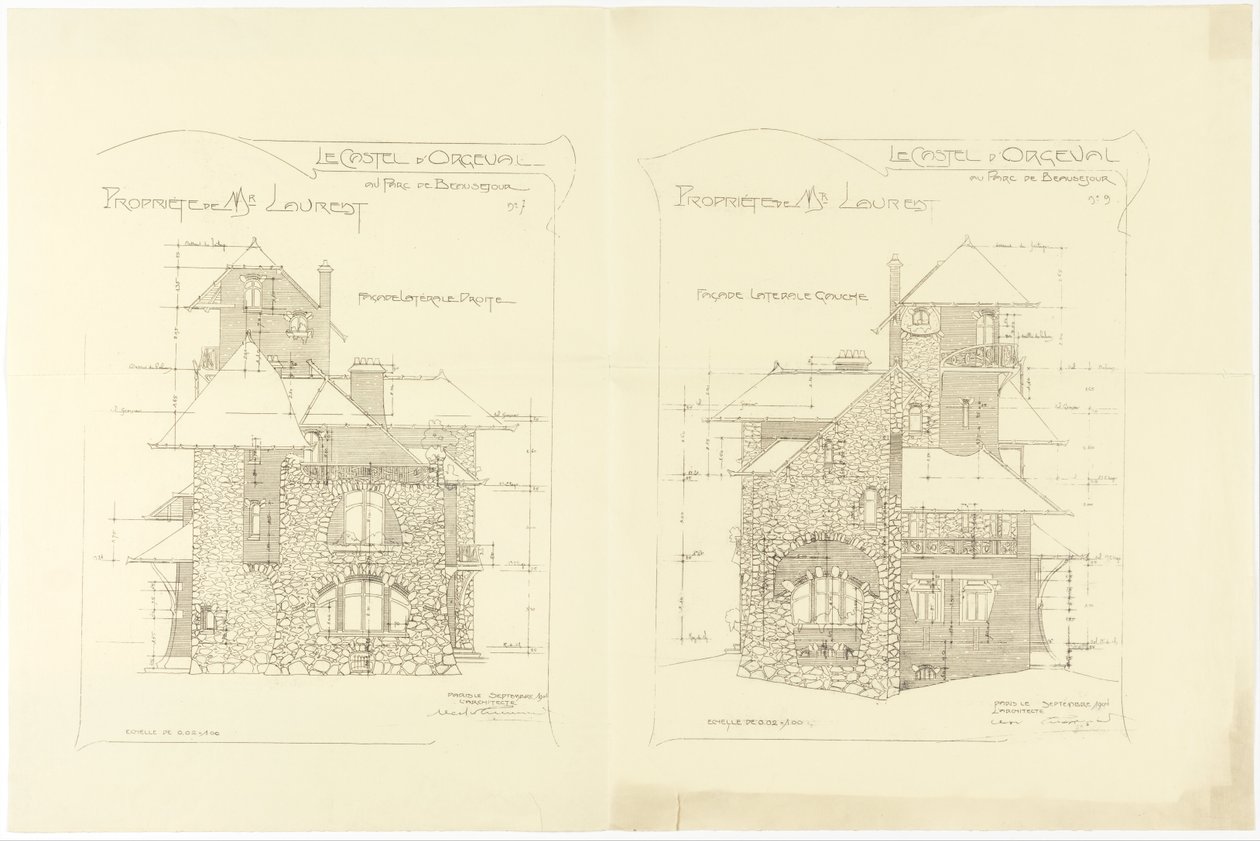高程，左右侧立面，Castel d&39;Orgeval，Parse Beausejour，巴黎附近 作者 赫克托·吉马尔（Hector Guimard）