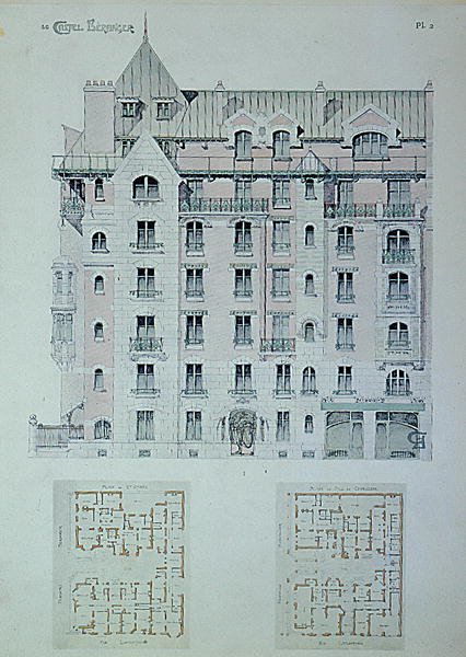 卡斯特尔-贝朗热的正面和平面图，来自赫克托-吉玛尔（1867-1942）一书的插图（彩色平印）。 作者 赫克托·吉马尔（Hector Guimard）
