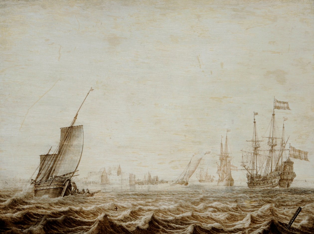 在波涛汹涌的大海中降下风帆的 Wijdschip，17 世纪中叶（木板油画） 作者 赫尔曼·威特蒙特