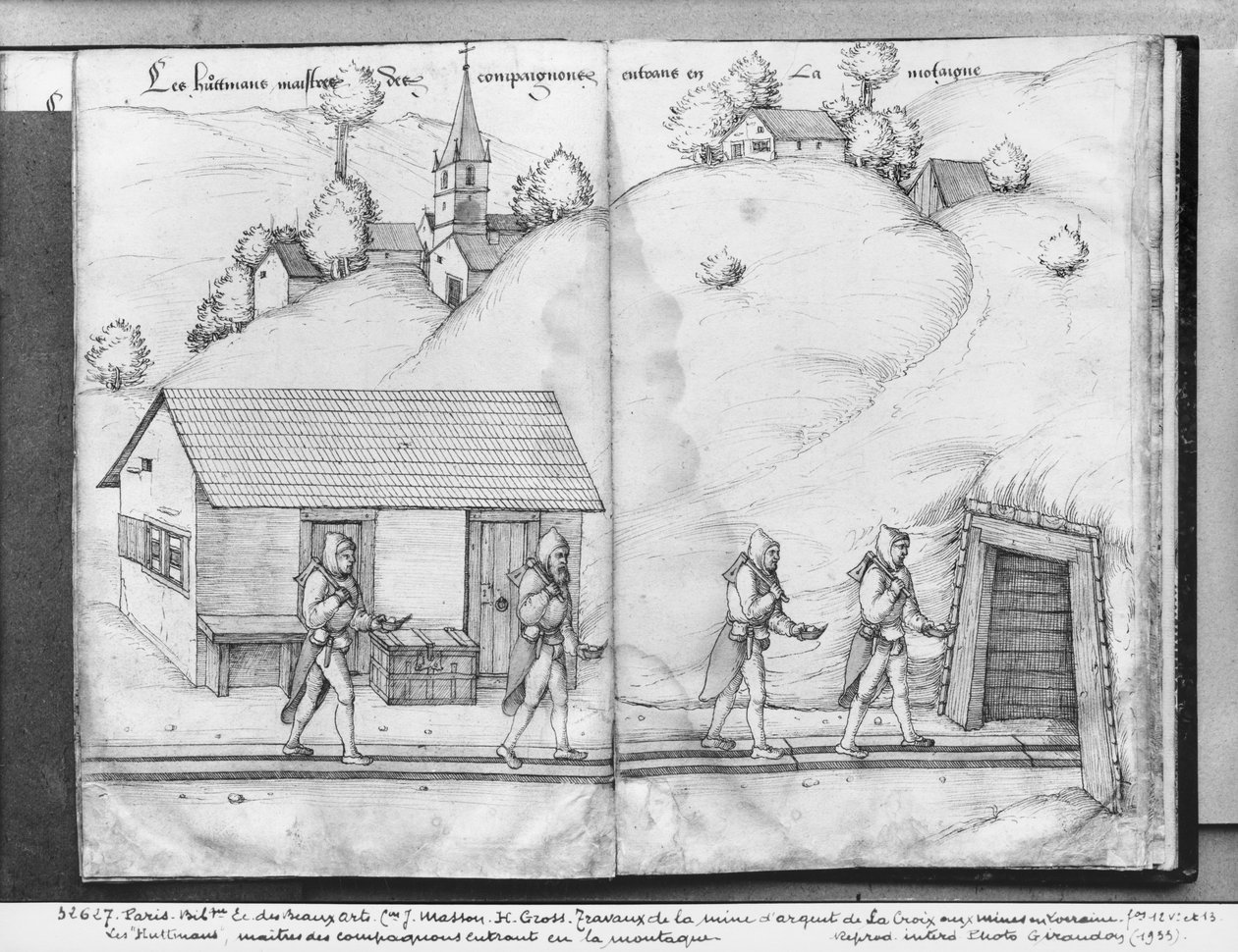 La Croix-aux-Mines的银矿，Lorraine，fol.12v和fol.13r，&39;huttmans&39;，同伴的主人，进入矿山，c.1530（笔和墨水在纸上） 作者 海因里希·格罗斯或格罗夫