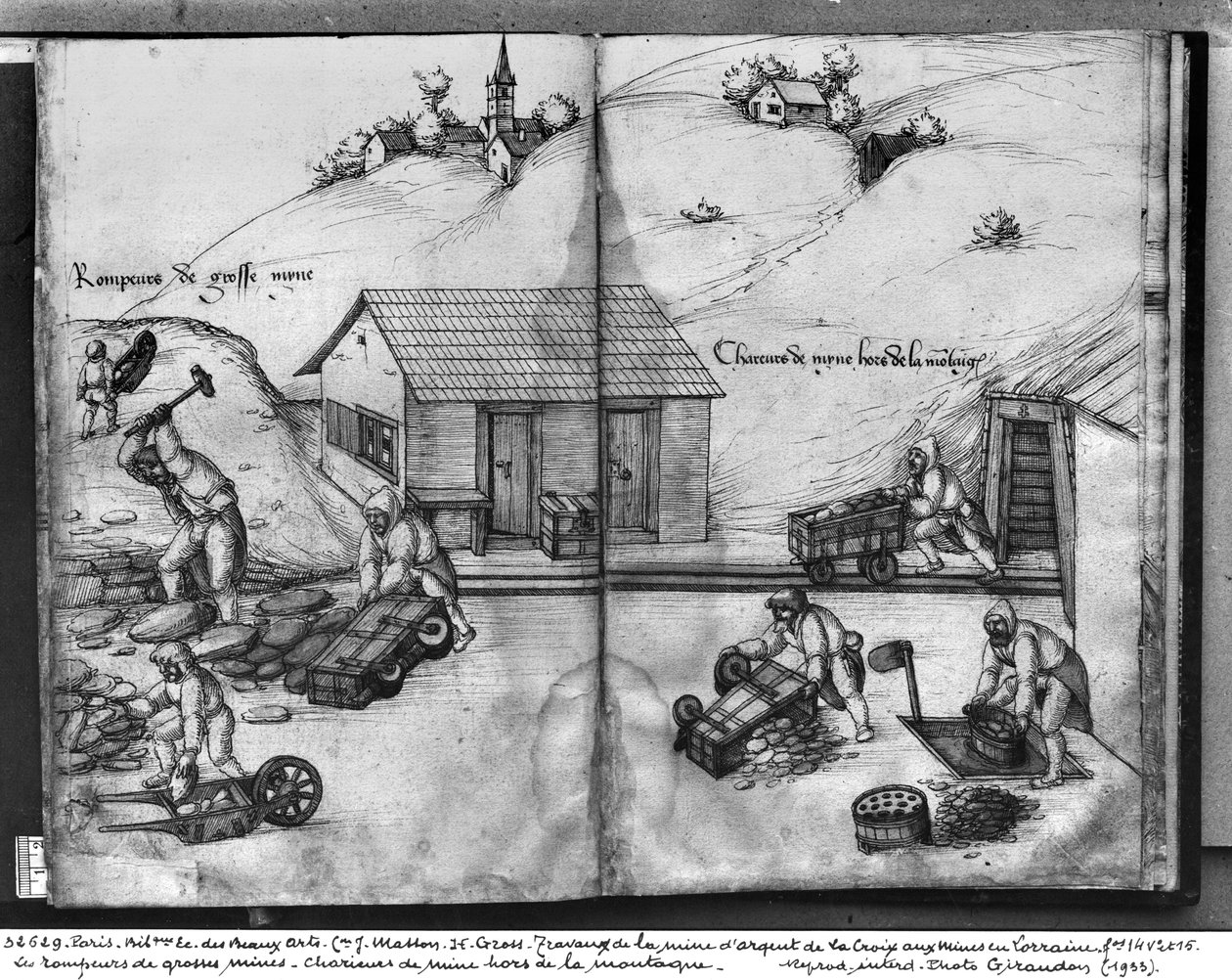 La Croix-aux-Mines，Lorraine，fol.14v和fol.15r的银矿，破碎并携带矿石，c.1530（笔和墨水在纸上） 作者 海因里希·格罗斯或格罗夫