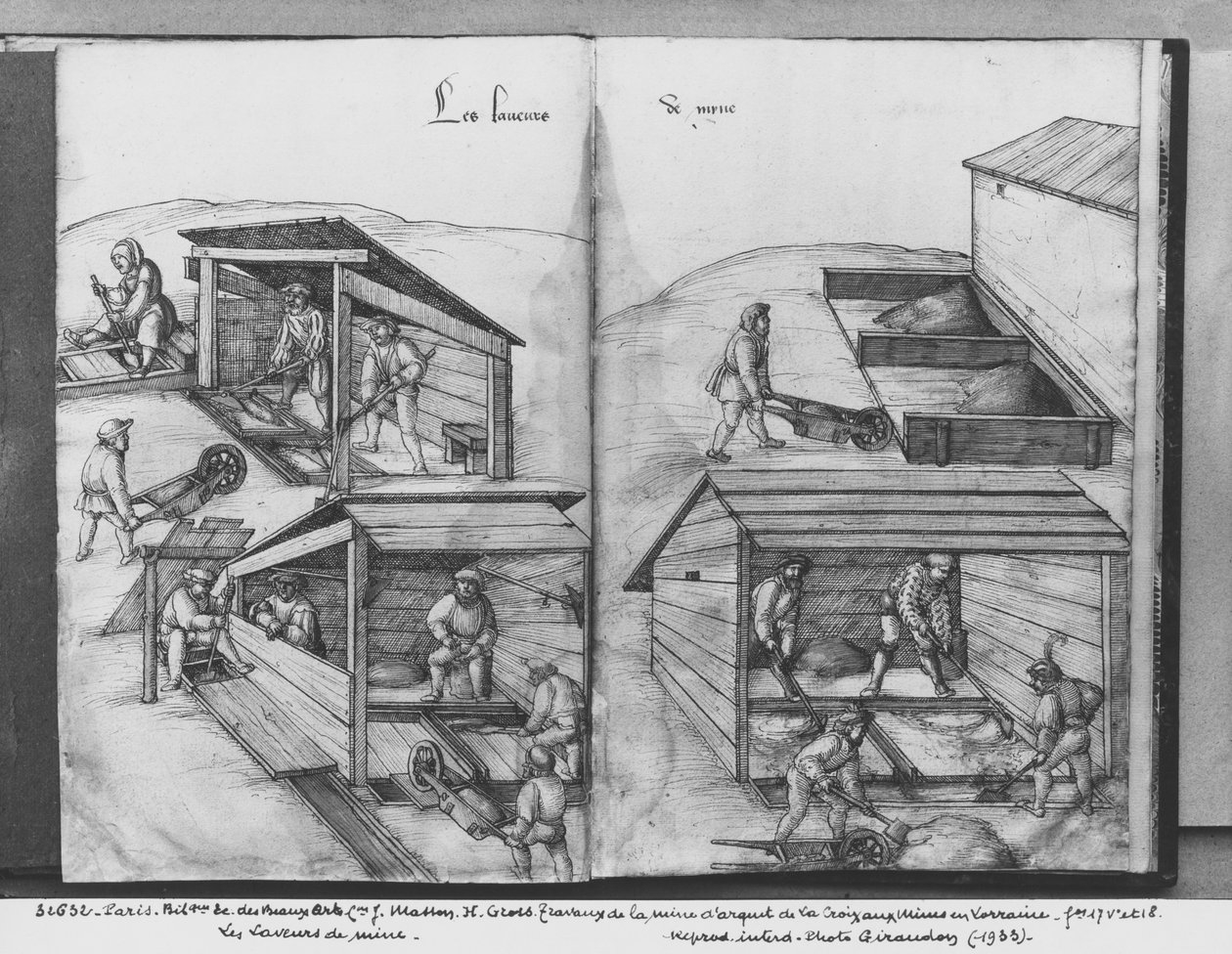 La Croix-aux-Mines的银矿，Lorraine，fol.17v和fol.18r，清洗矿石，c.1530（笔和墨水在纸上） 作者 海因里希·格罗斯或格罗夫