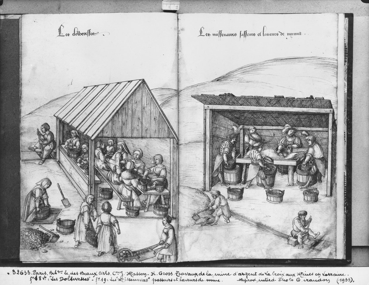 La Croix-aux-Mines的银矿，Lorraine，fol.18v和fol.19，整理和清洗矿石，c.1530（笔和墨水在纸上） 作者 海因里希·格罗斯或格罗夫