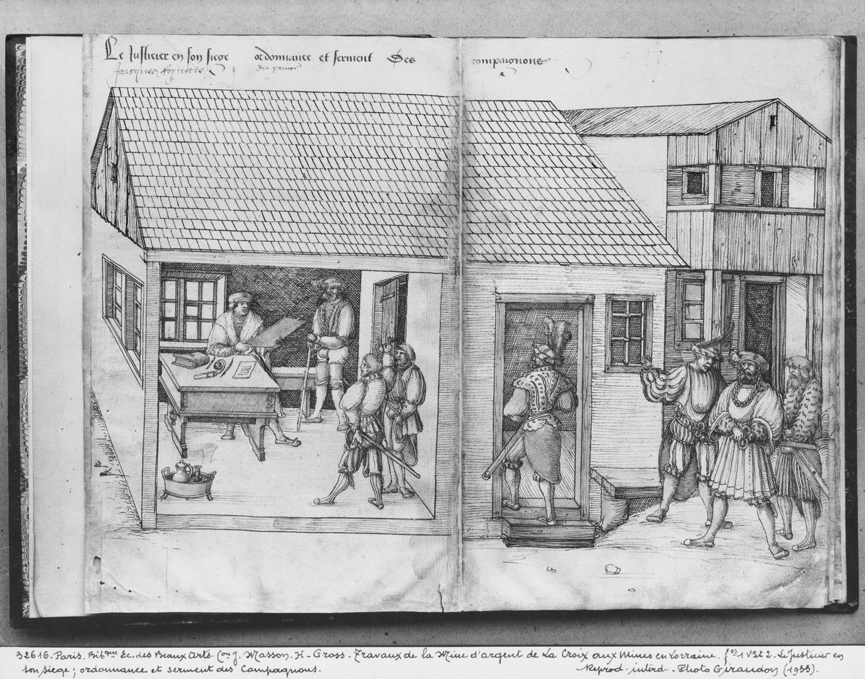 La Croix-aux-Mines的银矿，Lorraine，fol.1v和fol.2，同伴的地雷，诏令和誓言的判断，c.1530（笔和墨水在纸上） 作者 海因里希·格罗斯或格罗夫