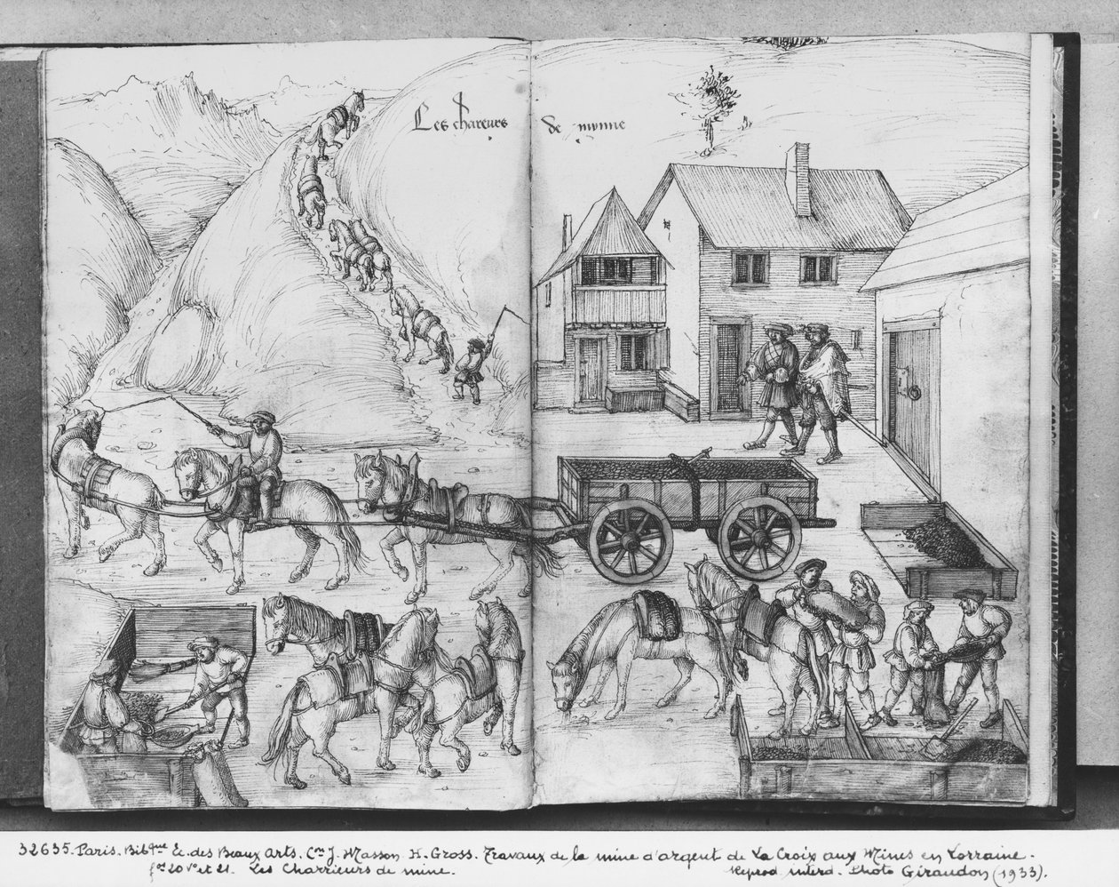 La Croix-aux-Mines，Lorraine，fol.20v和fol.21r的银矿，运输矿石，c.1530（笔和墨水在纸上） 作者 海因里希·格罗斯或格罗夫
