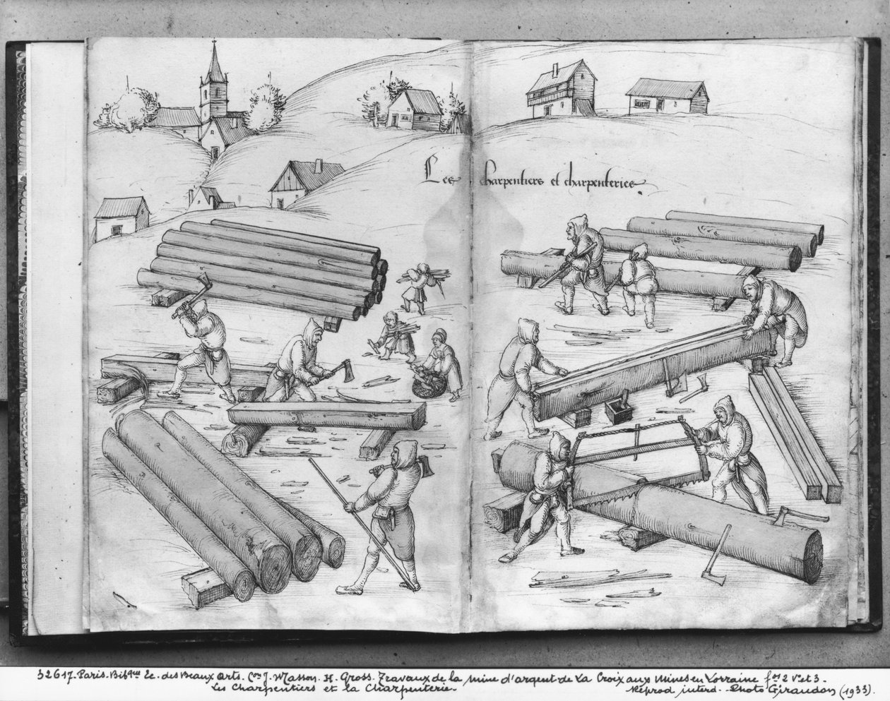 La Croix-aux-Mines的银矿，Lorraine，fol.2v和fol.3r，木匠和木工，c.1530（笔和墨水在纸上） 作者 海因里希·格罗斯或格罗夫