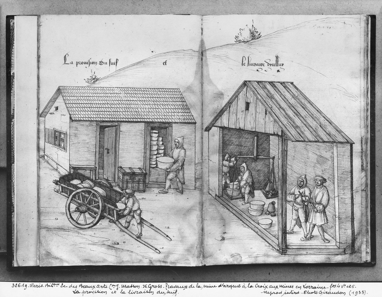 La Croix-aux-Mines的银矿，Lorraine，fol.4v和fol.5r，提供和输送动物脂，c.1530（笔和墨水和纸张） 作者 海因里希·格罗斯或格罗夫