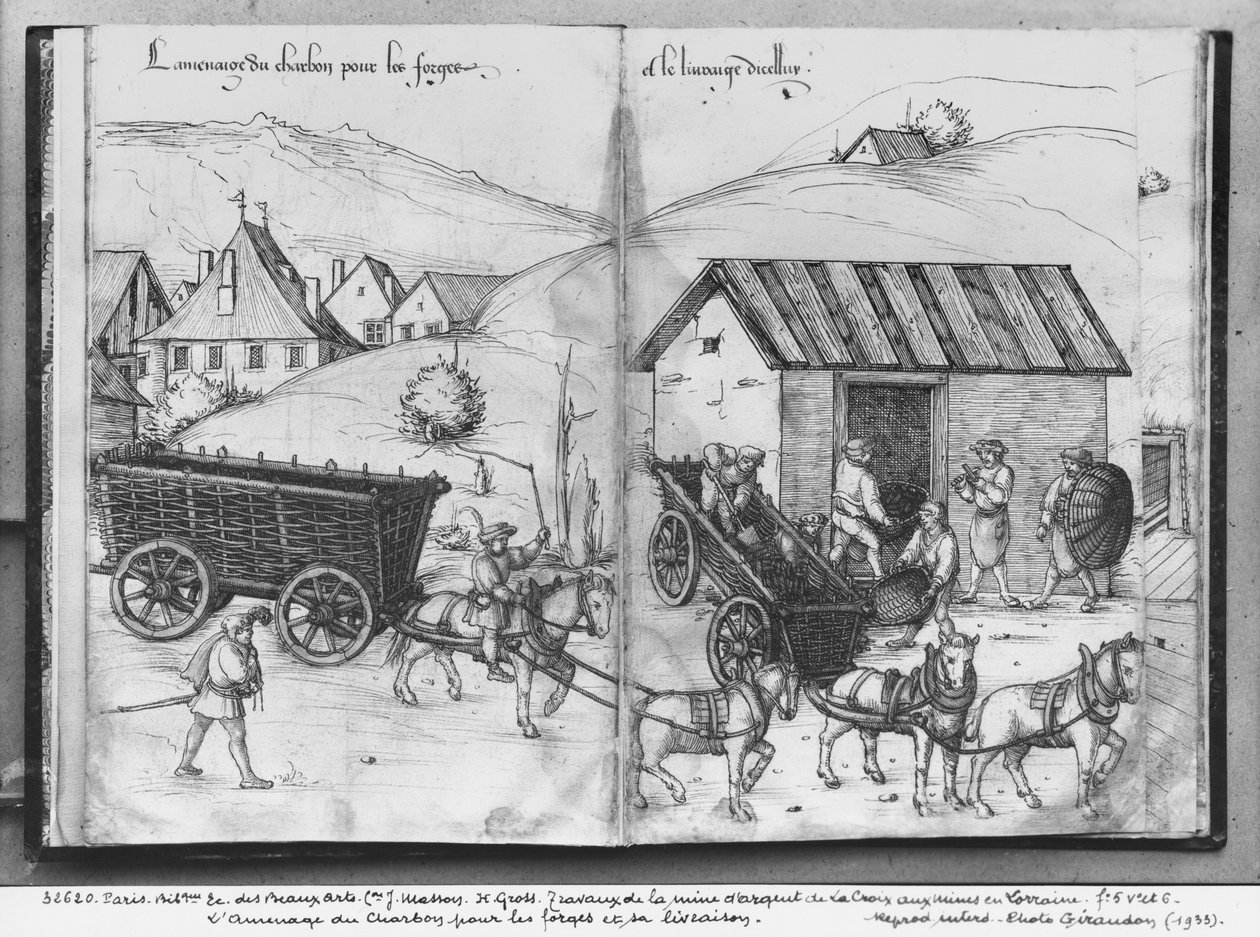 La Croix-aux-Mines的银矿，Lorraine，fol.5v和fol.6r，为锻造运输和运输煤炭，c.1530（笔和墨水在纸上） 作者 海因里希·格罗斯或格罗夫