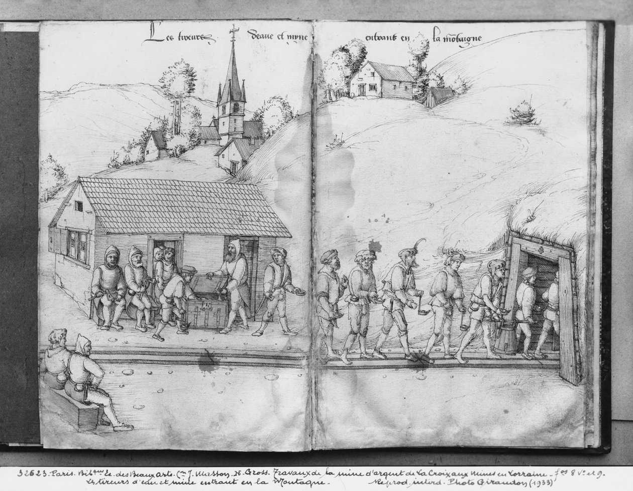 La Croix-aux-Mines的银矿，Lorraine，fol.8v和fol.9r，矿工进入矿山，c.1530（笔和墨水和纸上的纸） 作者 海因里希·格罗斯或格罗夫