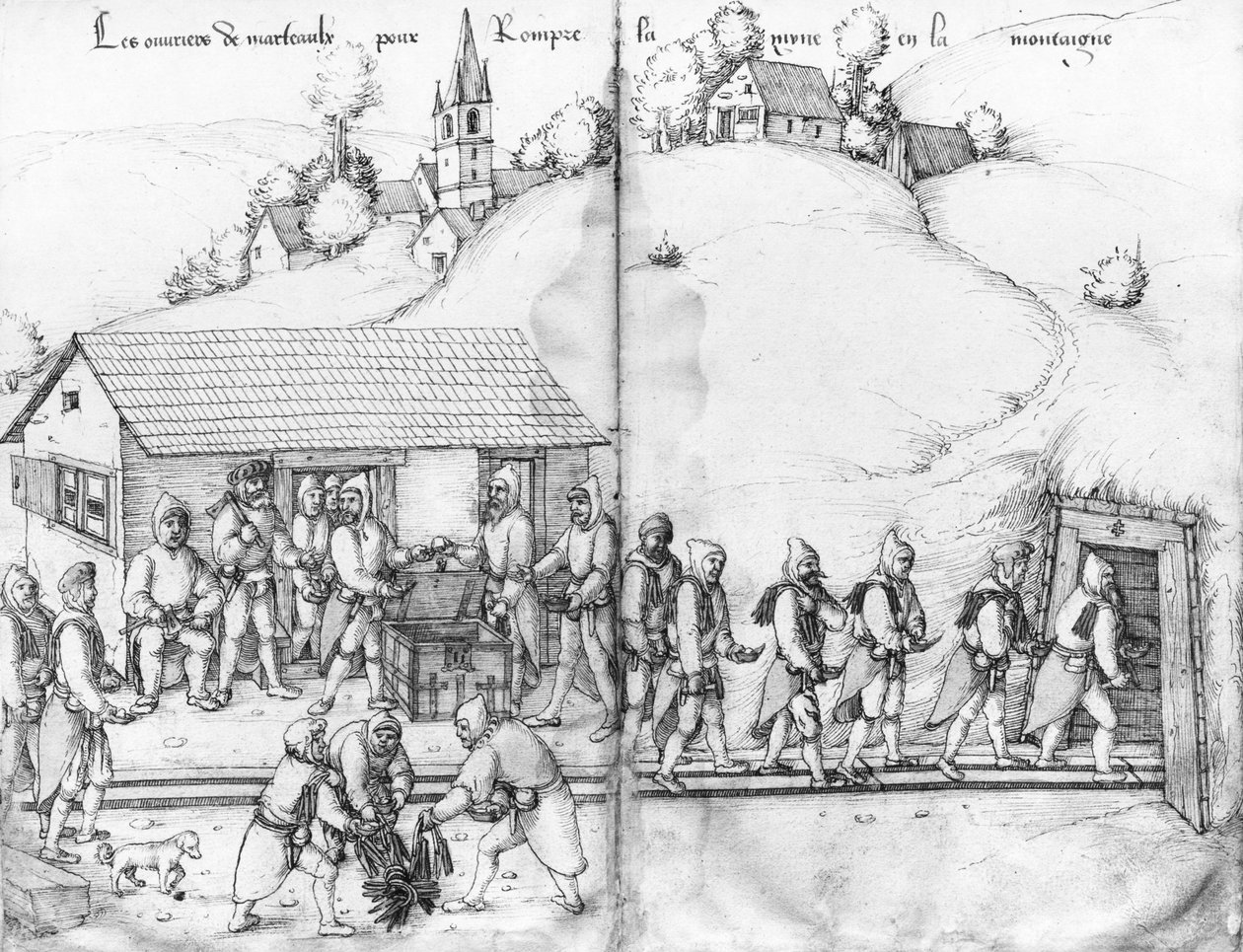 La Croix-aux-Mines的银矿，Lorraine，fol.9v和fol.10r，矿工和他们的锤子，c.1530（笔和墨水在纸上） 作者 海因里希·格罗斯或格罗夫