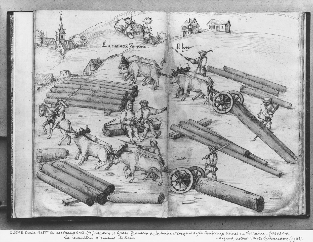 Laorix-aux-Mines，Lorraine，fol.3v和4r的Siver矿，运输木材，c.1530（笔和墨水在纸上） 作者 海因里希·格罗斯或格罗夫