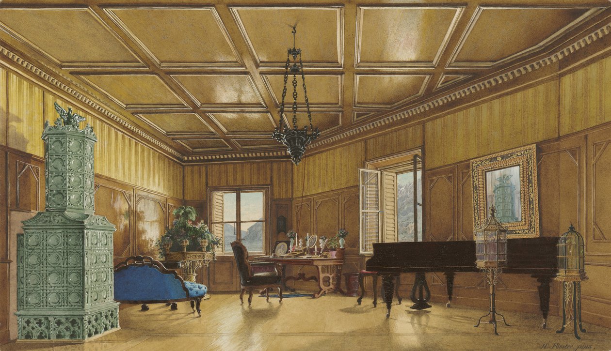 萨克森公主Archduchess Margarete的音乐室，位于Schloss Ambras，1870-9（编织纸上的水彩和水粉） 作者 海因里希·冯·福斯特