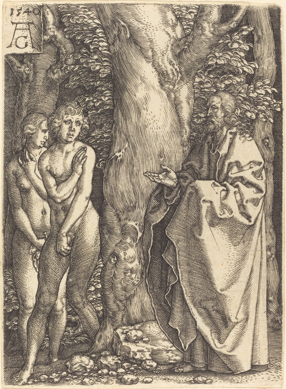 亚当和夏娃隐藏自己，1540年。 作者 海因里希·阿尔德勒弗（Heinrich Aldegrever）