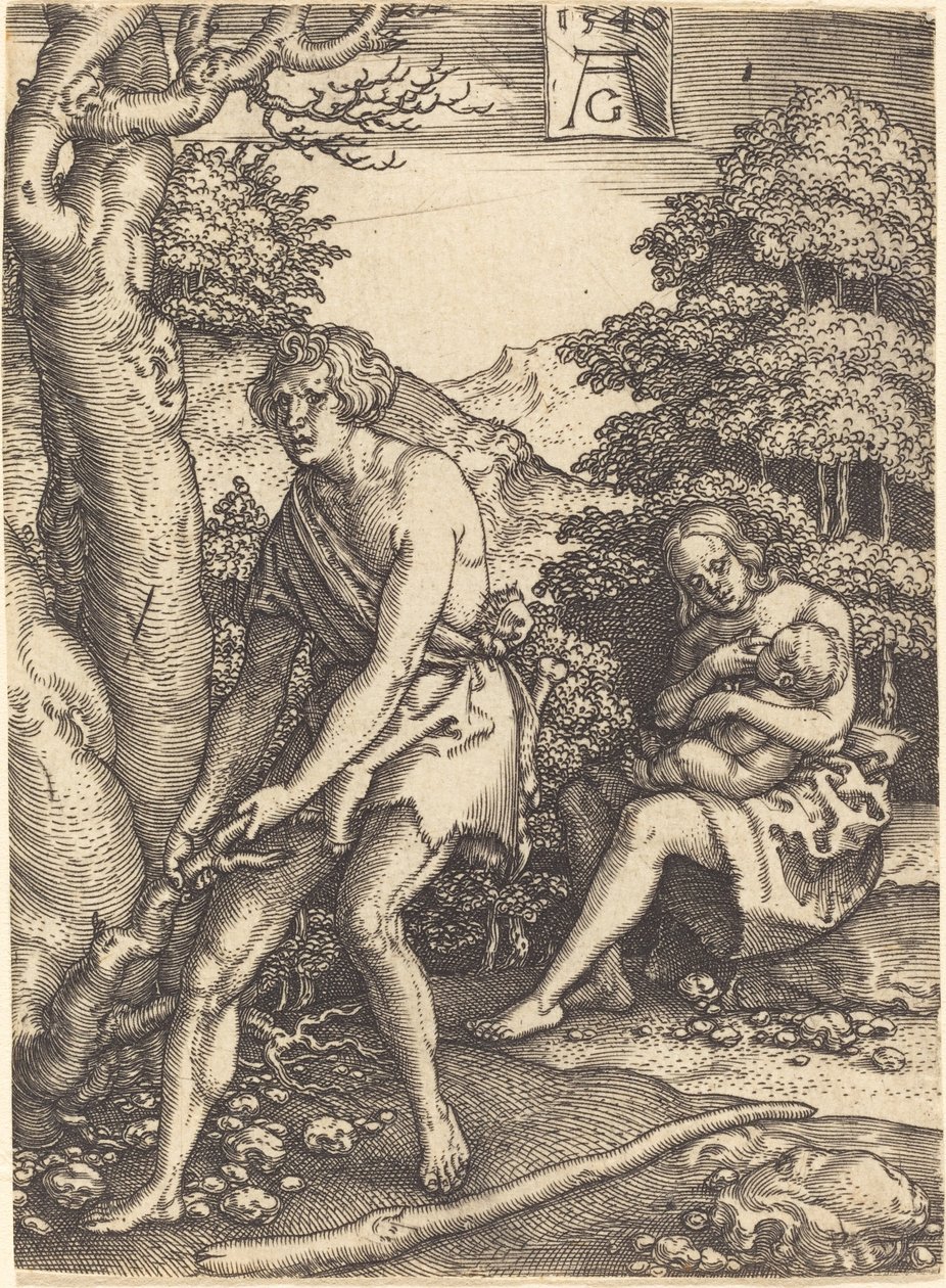 亚当和夏娃在工作，1540年。 作者 海因里希·阿尔德勒弗（Heinrich Aldegrever）