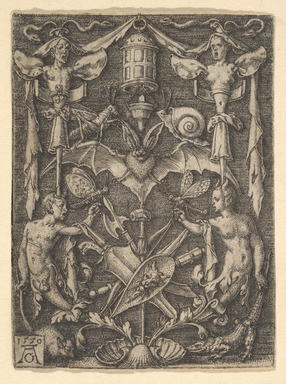 烛台怪兽的设计，中央有蝙蝠，1550年。 作者 海因里希·阿尔德勒弗（Heinrich Aldegrever）