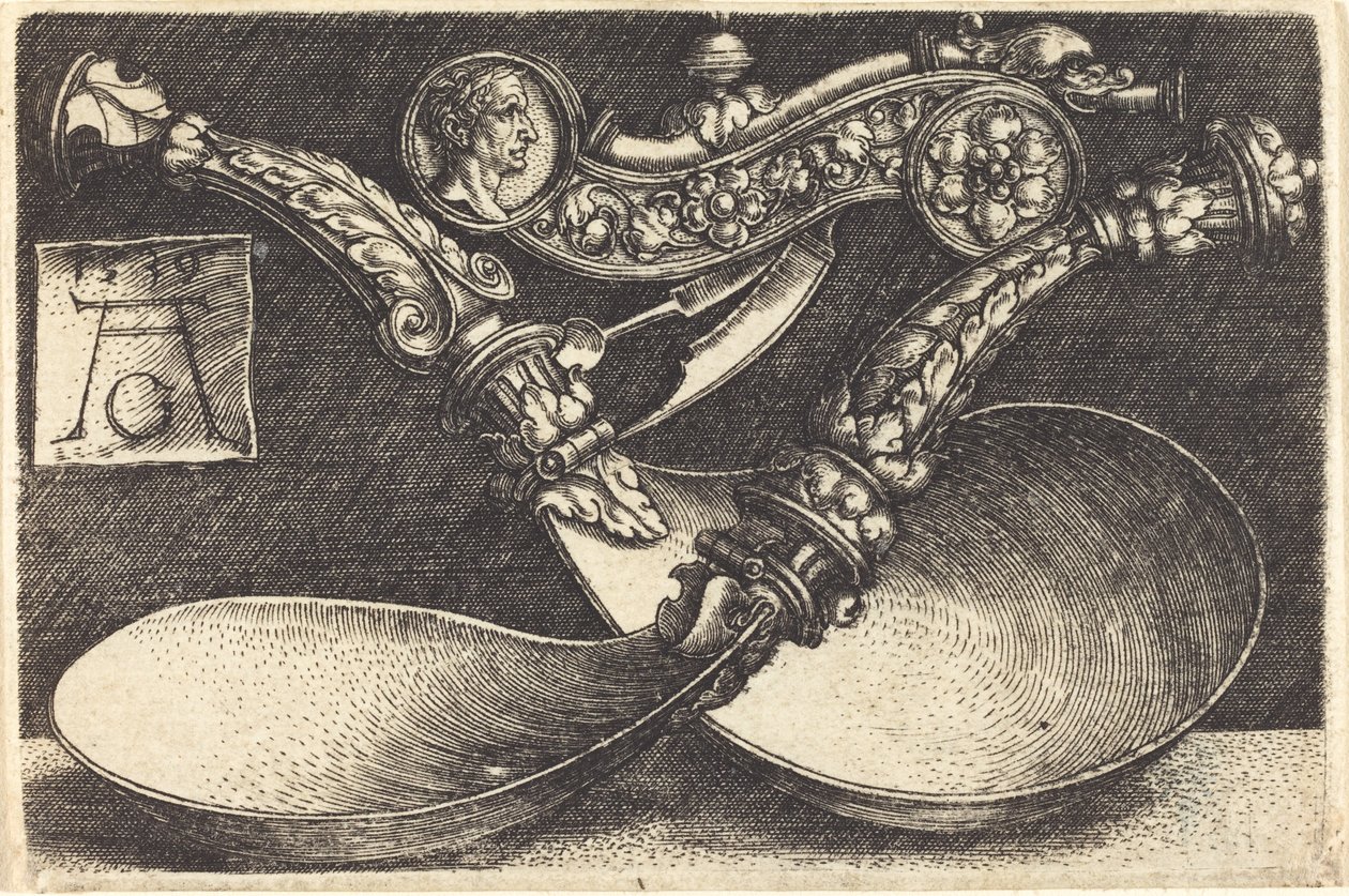 两把勺子和一个狗哨的设计，1539年。 作者 海因里希·阿尔德勒弗（Heinrich Aldegrever）