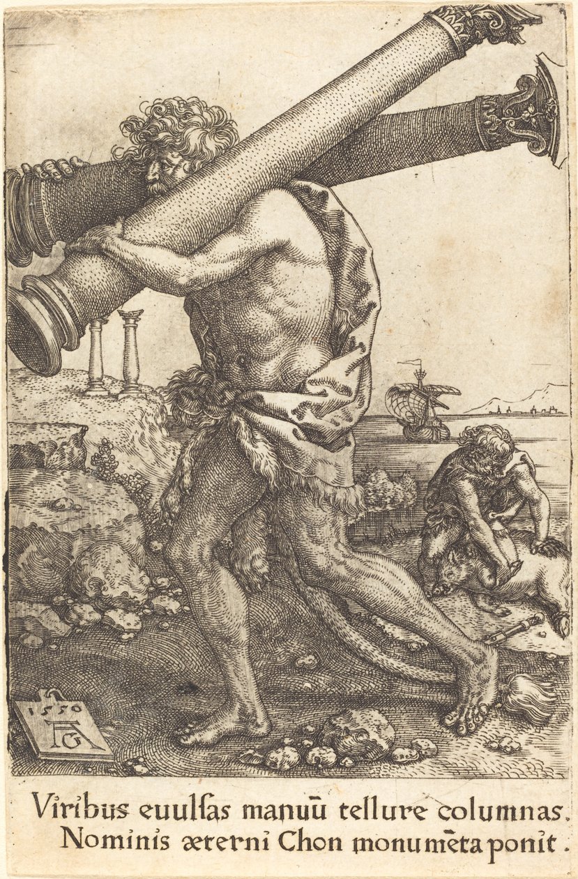 赫拉克勒斯背着加沙的两根柱子，1550年。 作者 海因里希·阿尔德勒弗（Heinrich Aldegrever）
