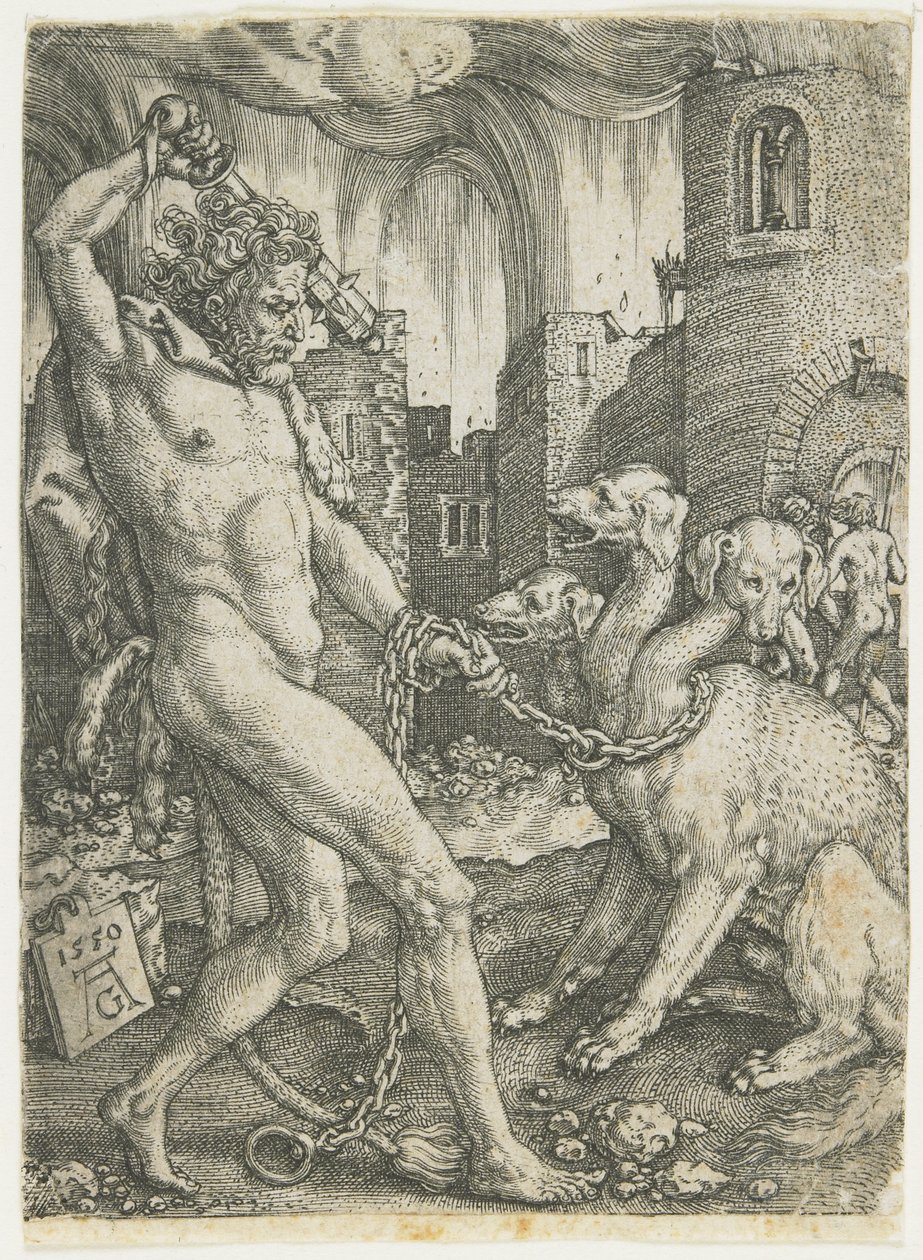 赫拉克勒斯链条塞伯鲁斯，1550年 作者 海因里希·阿尔德勒弗（Heinrich Aldegrever）