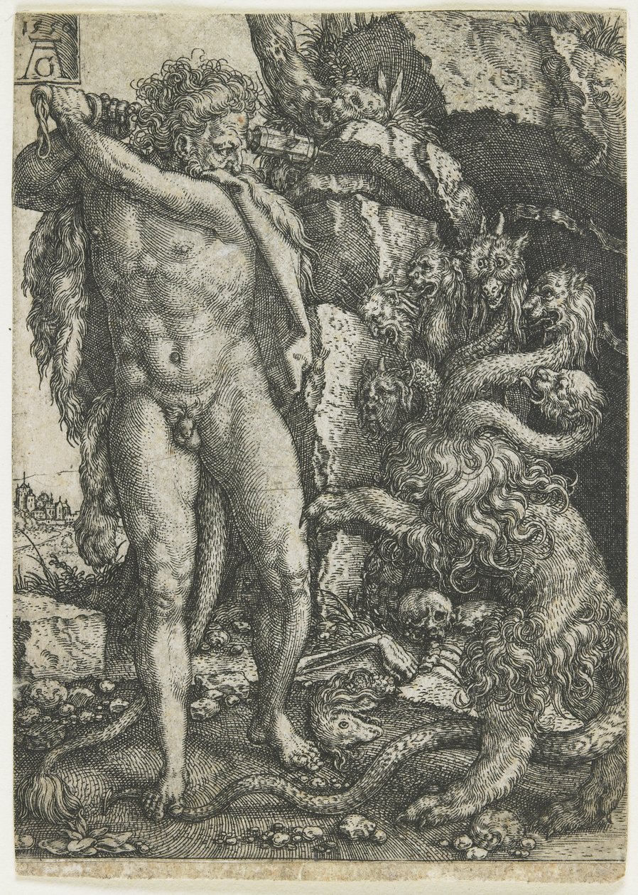赫拉克勒斯摧毁了1550年的Lernaean Hydra 作者 海因里希·阿尔德勒弗（Heinrich Aldegrever）