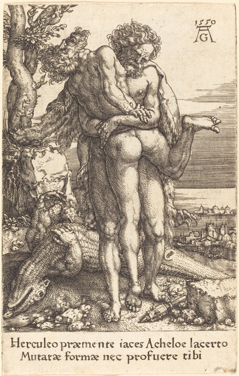 海格力斯与河神Achelus的战斗，1550年。 作者 海因里希·阿尔德勒弗（Heinrich Aldegrever）