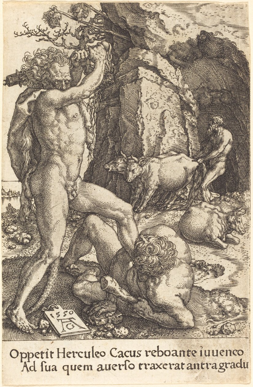 赫拉克勒斯杀死卡库斯，1550年。 作者 海因里希·阿尔德勒弗（Heinrich Aldegrever）
