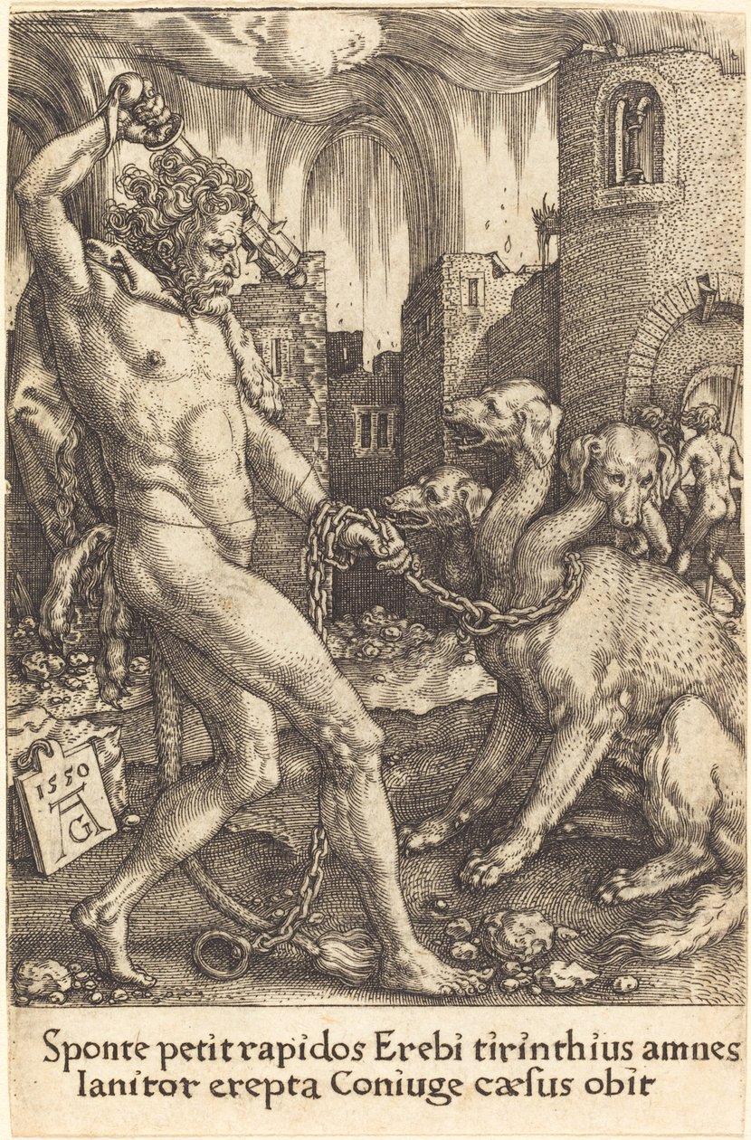 海格力斯和刻耳柏洛斯，1550年。 作者 海因里希·阿尔德勒弗（Heinrich Aldegrever）
