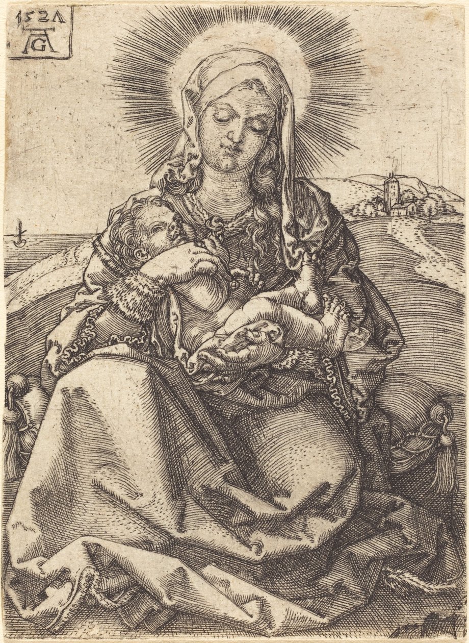 坐在垫子上的风景中的圣母，1527年。 作者 海因里希·阿尔德勒弗（Heinrich Aldegrever）