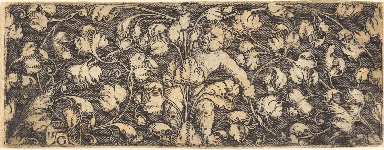 有叶子的装饰品，中间是一个孩子，1539年。 作者 海因里希·阿尔德勒弗（Heinrich Aldegrever）