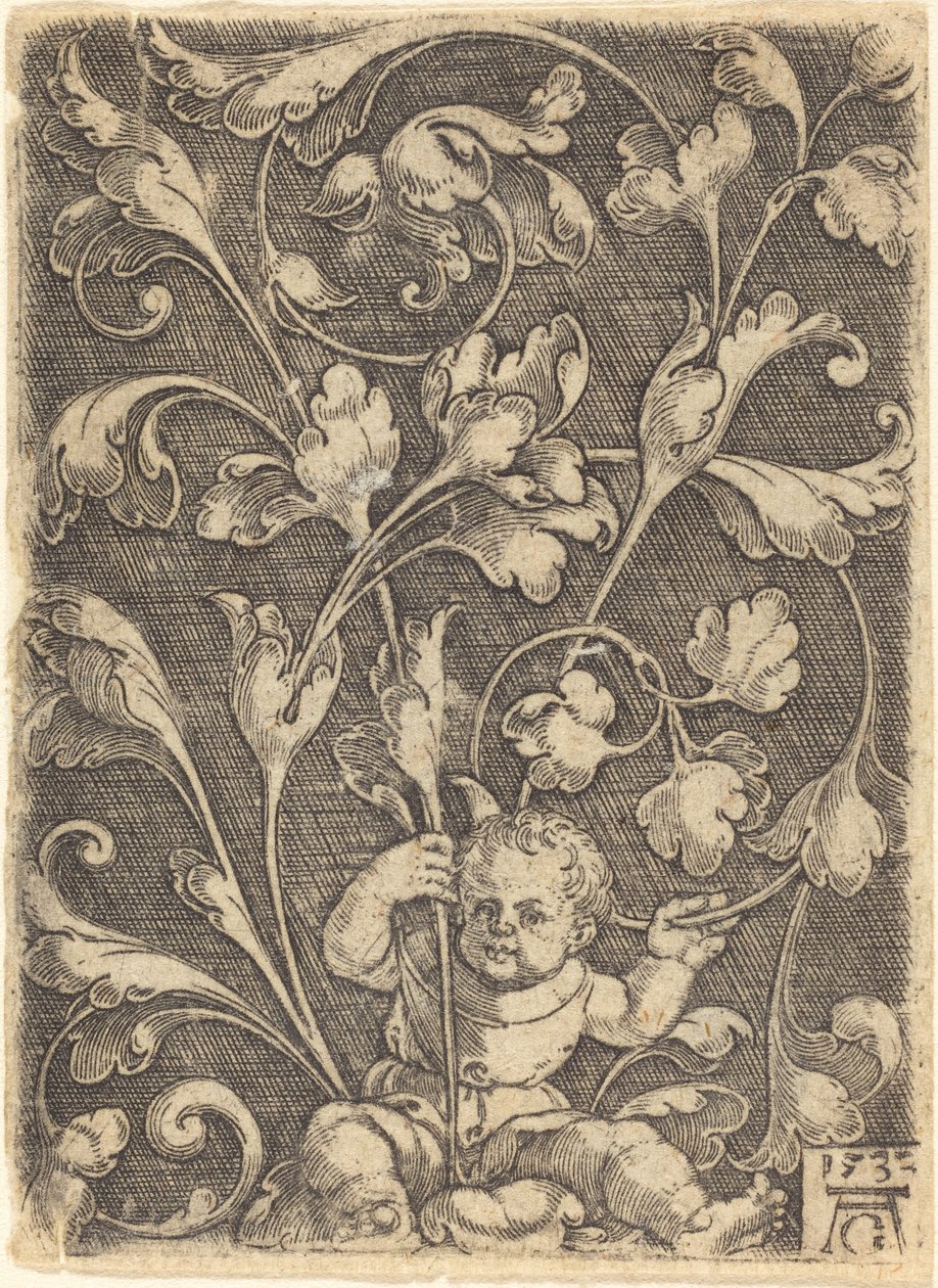带坐姿儿童的卷轴装饰，1532年。 作者 海因里希·阿尔德勒弗（Heinrich Aldegrever）