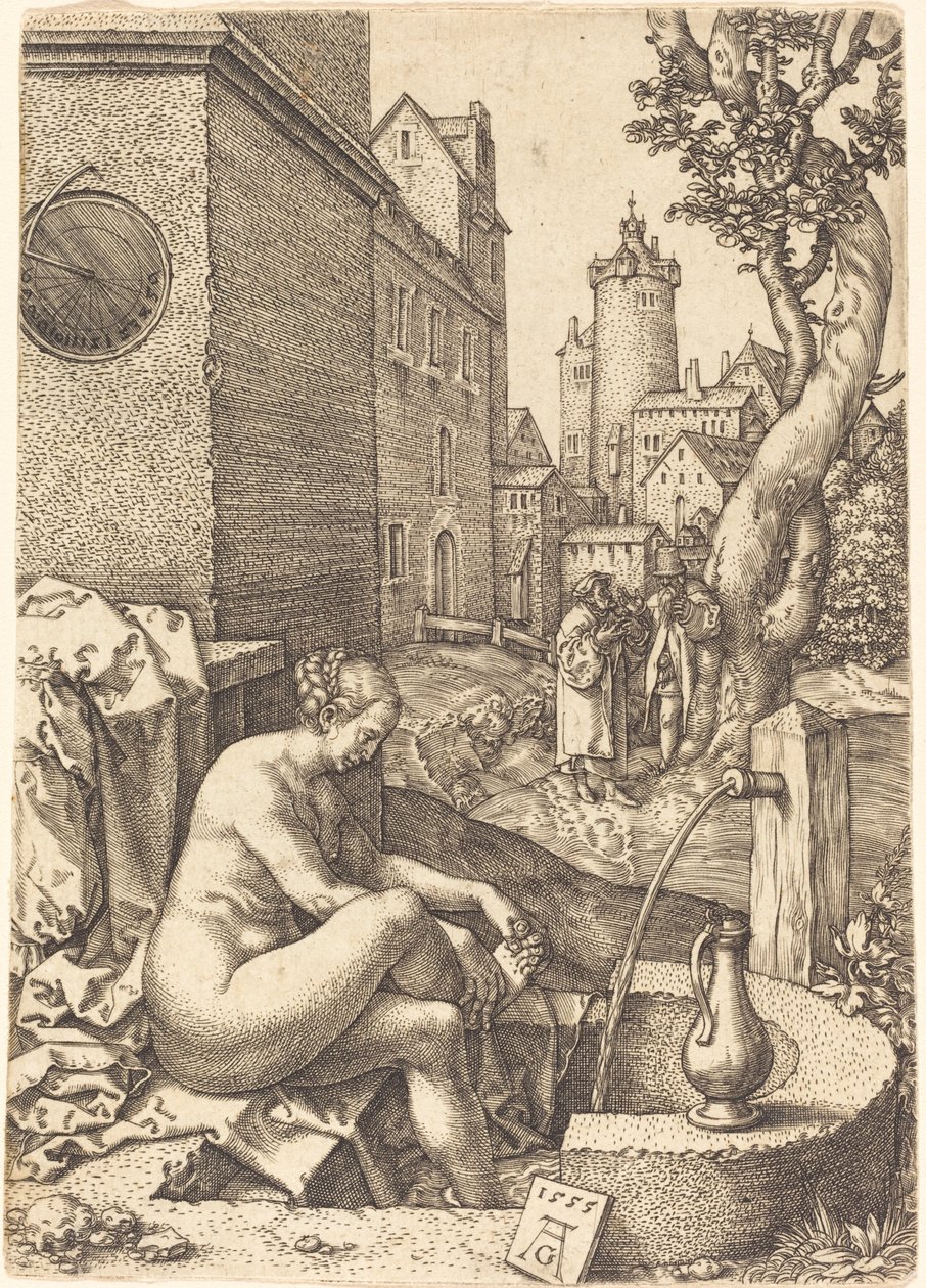 苏珊娜被两位长者惊吓，1555年。 作者 海因里希·阿尔德勒弗（Heinrich Aldegrever）