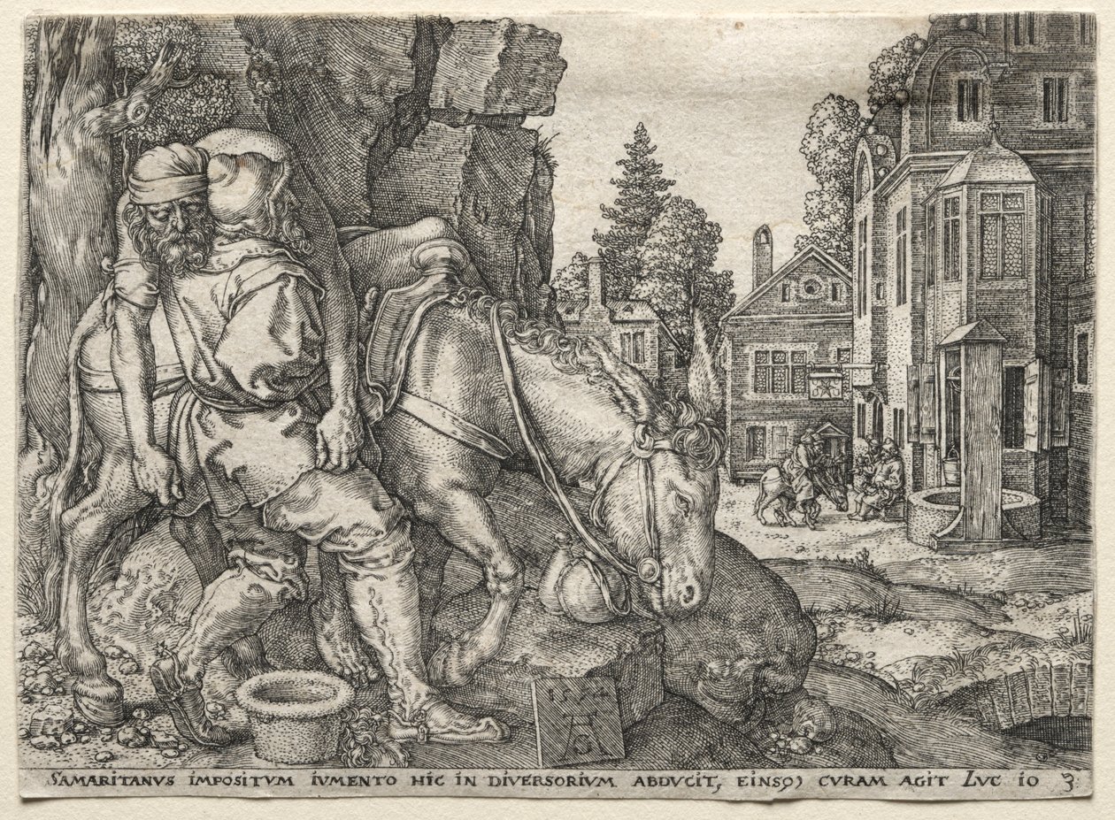 好撒玛利亚人的寓言：好撒玛利亚人把旅行者放在驴上，1554年。 作者 海因里希·阿尔德勒弗（Heinrich Aldegrever）