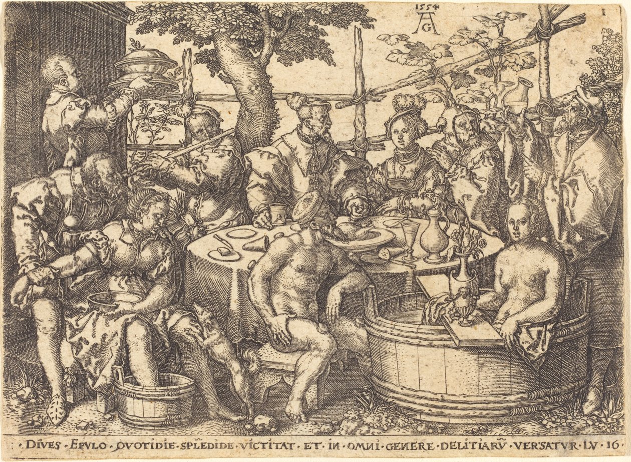 桌边的富人》，1554年。 作者 海因里希·阿尔德勒弗（Heinrich Aldegrever）