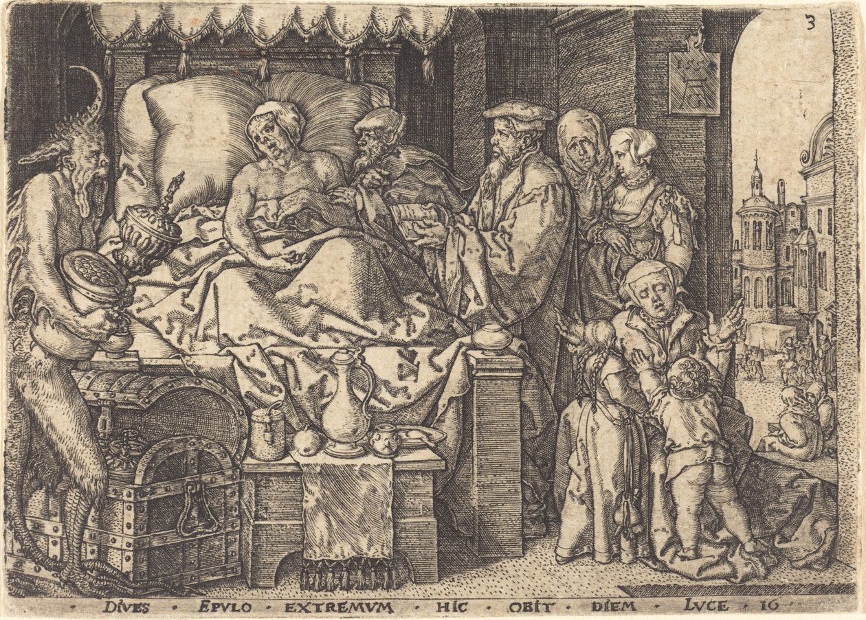 躺在病床上的富人》，1554年。 作者 海因里希·阿尔德勒弗（Heinrich Aldegrever）