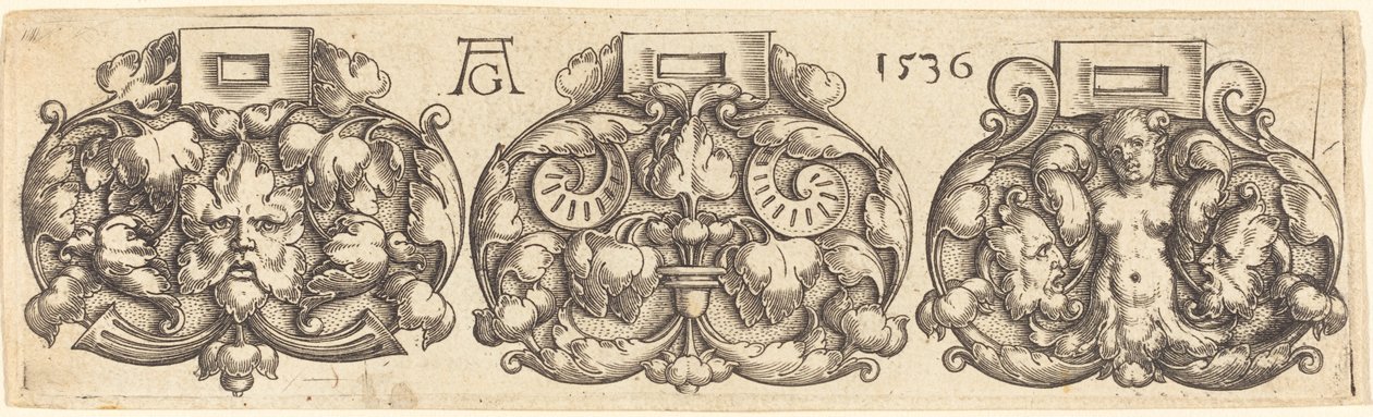 三个并排的腰带扣，1536年。 作者 海因里希·阿尔德勒弗（Heinrich Aldegrever）