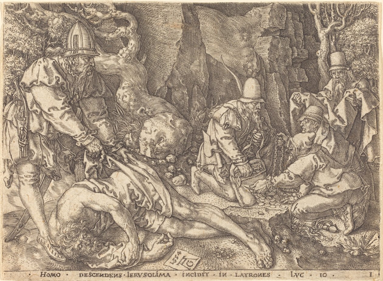 小偷中的旅行者，1554年。 作者 海因里希·阿尔德勒弗（Heinrich Aldegrever）