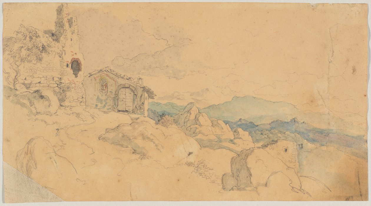 有小屋和废墟的山景 作者 海因里希·伯克尔