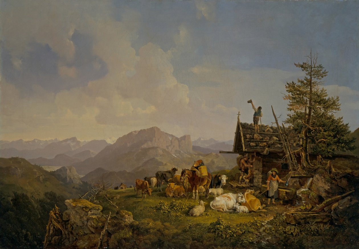 上巴延的风景，牧民和他们的牛在小屋旁休息 作者 海因里希·伯克尔