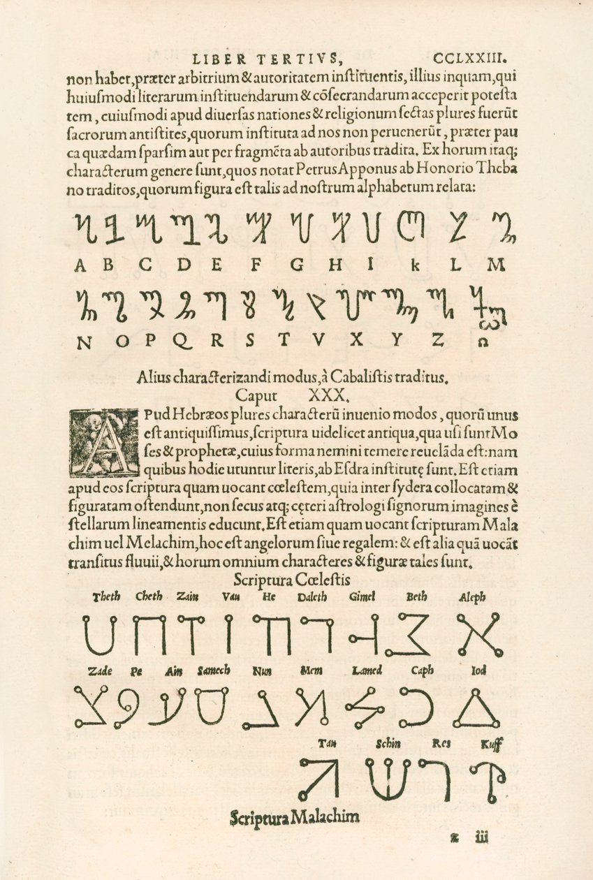 Theban字母表（Honorian字母表或Honorius符文）和Celestial Alphabet（Scriptura Malachim或Angelic Script）雕刻自Heinrich Cornelius Agrippa von Nettesheim（1486-1535）De occul 作者 内特斯海姆的海因里希·科尼利厄斯·阿格里帕